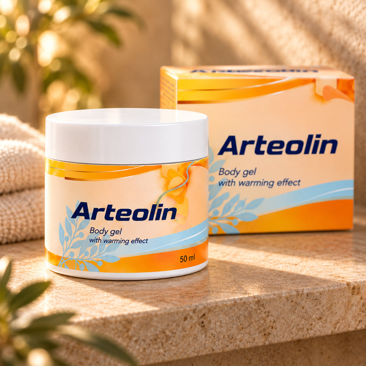 Borcanul de gel de corp Arteolin, 50 ml, lângă cutia lui, pe un blat de piatră în lumină caldă